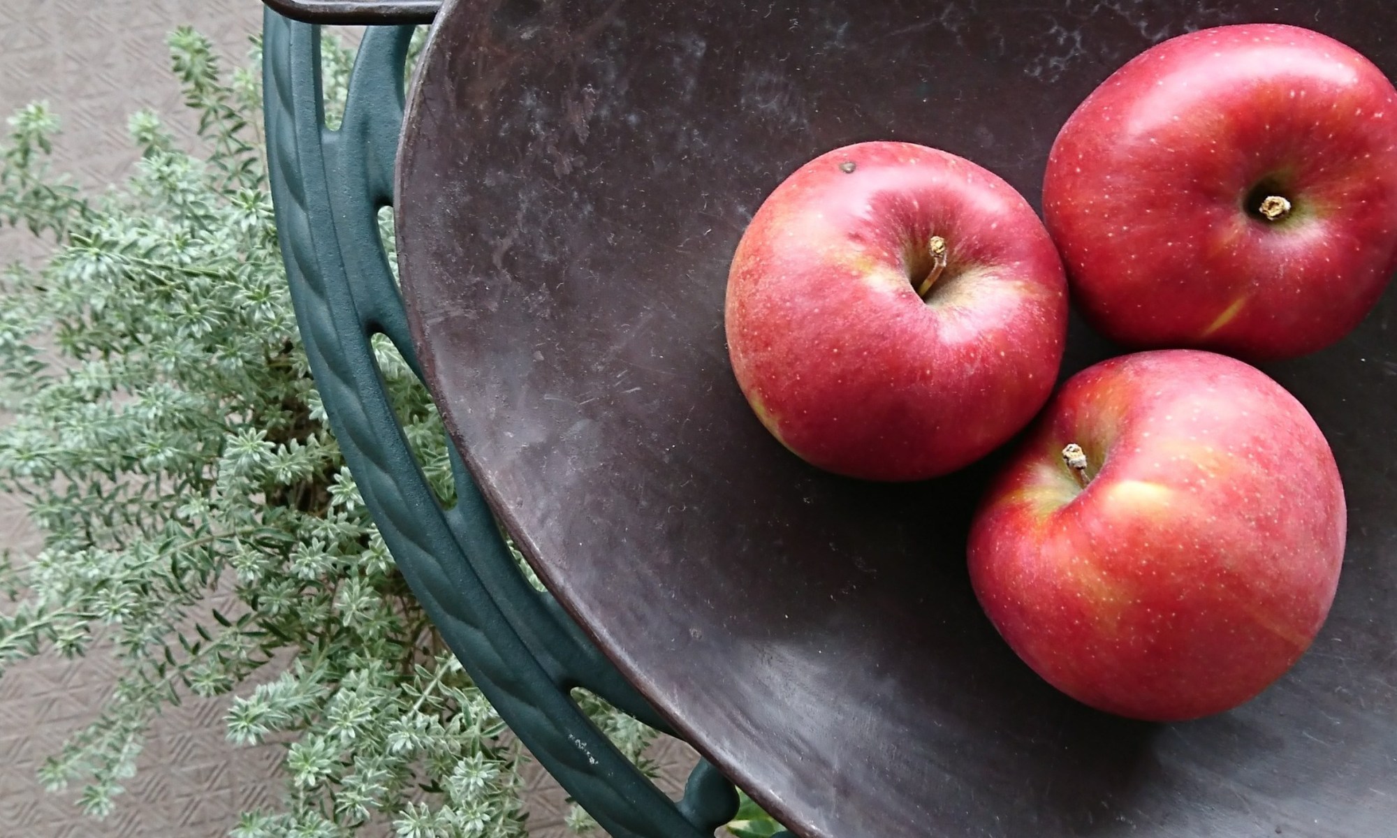 黒皿に真っ赤な林檎が３つ並んでます。