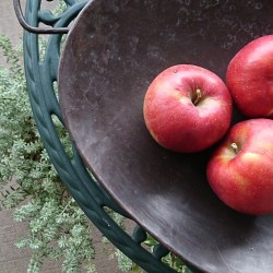 黒皿に真っ赤な林檎が３つ並んでます。