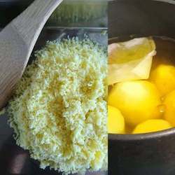 湯がいているさつま芋と裏ごししたお芋が並んでいます