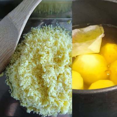 湯がいているさつま芋と裏ごししたお芋が並んでいます