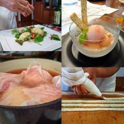 桃パフェや桃料理、コンポートetcの作業風景