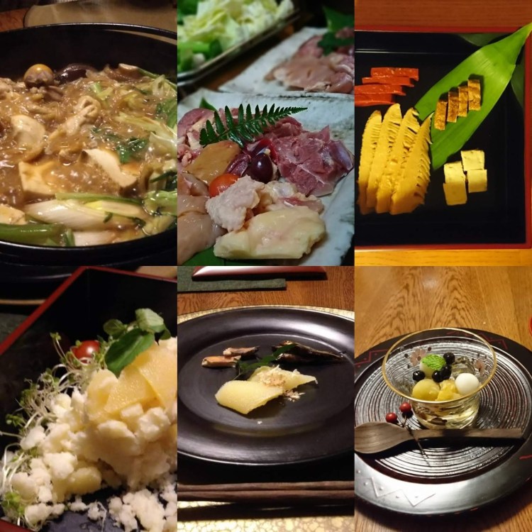 近江しゃもすき焼きや近江の漬物珍味、デザートなどがテーブルに並んでいます