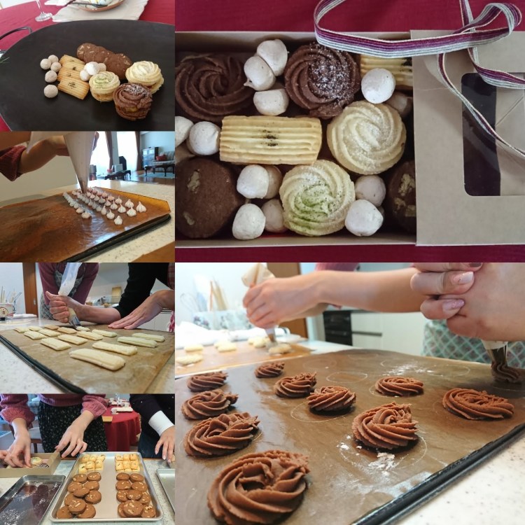 クッキー絞り作業やギフトボックス仕上げなどのレッスン風景