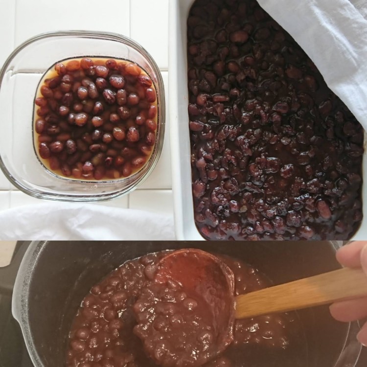 鍋で炊いている小豆と炊きあがった小豆の粒あんとぜんざいが容器に入り並んでいます
