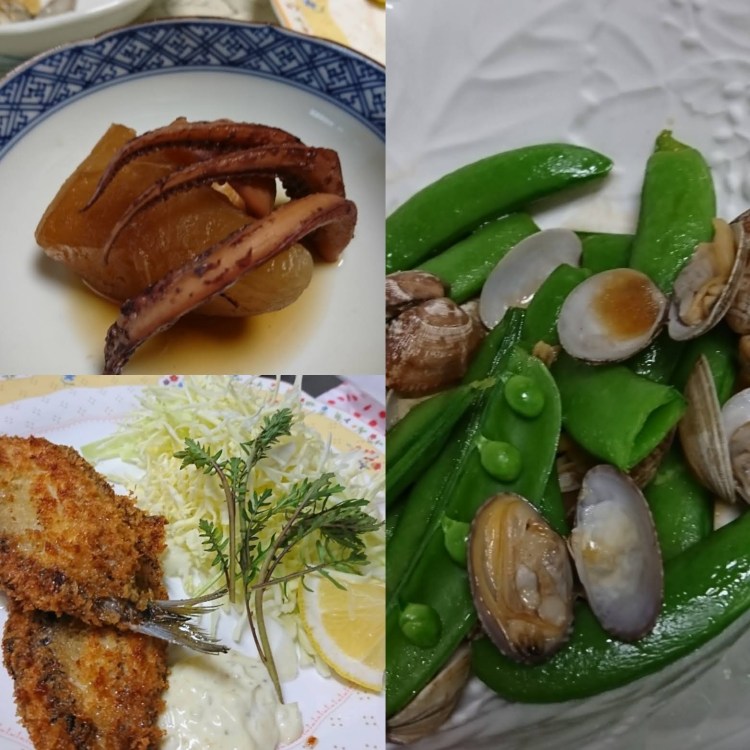 器に盛られたイカ大根煮や鰯フライ、あさりとスナップエンドウの酒蒸し