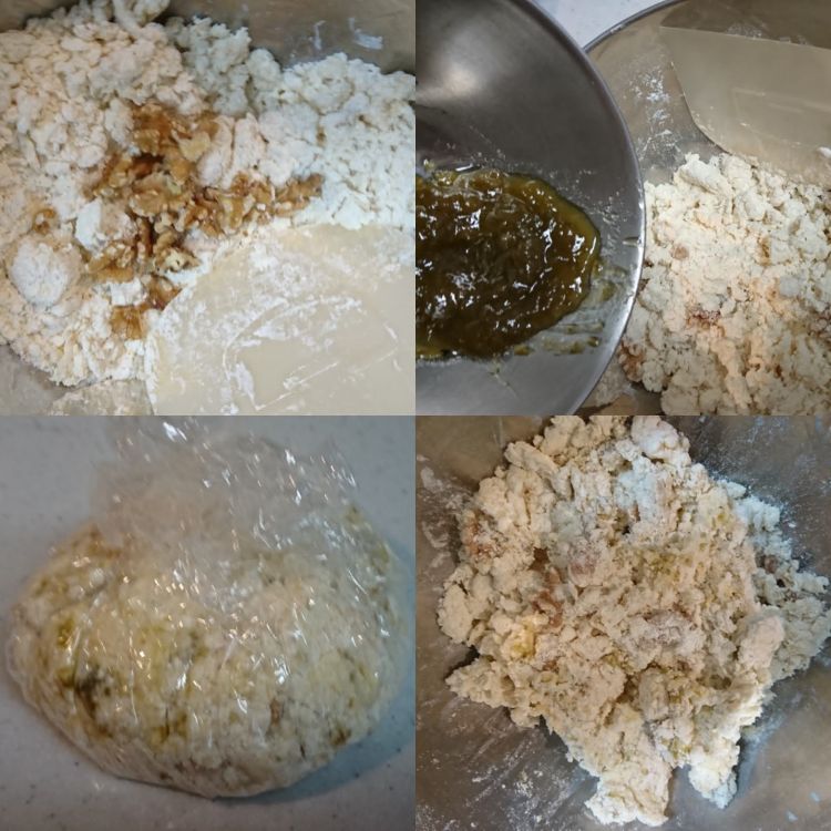 大きなボウルの中でスコーンの生地作り