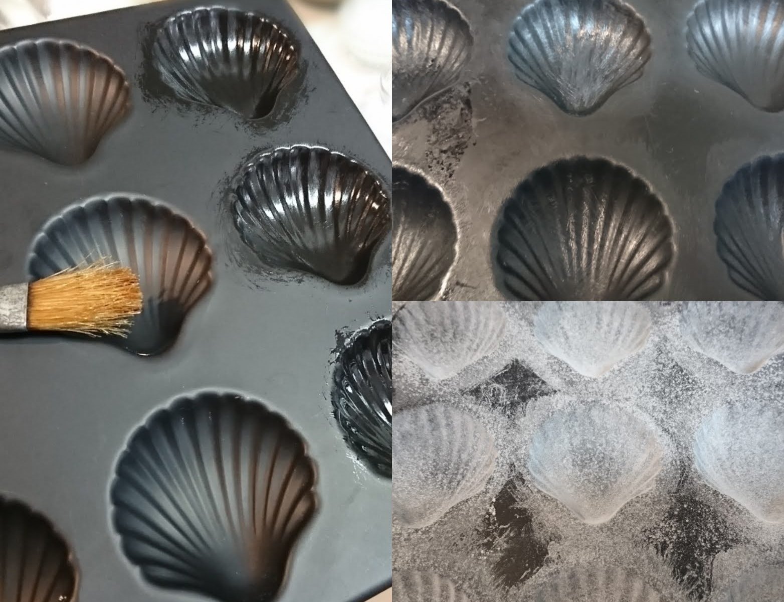 バターを塗り小麦粉をふるったマドレーヌ型