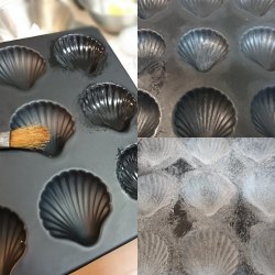 バターを塗り小麦粉をふるったマドレーヌ型