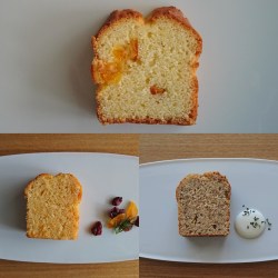 カットかれた3湯のパウンドケーキが其々のお皿に並んでいます。