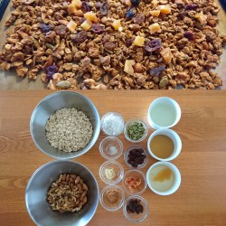 計量された材料と出来上がったグラノーラの2ショット
