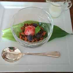 ガラスの大きな器にグラノーラ、ジェラート、果実が盛り付けてあります。