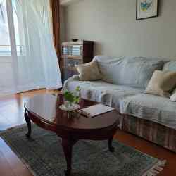 風で揺れるカーテン、ソファー＆テーブルが置かれたリビング