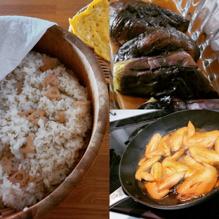 桶に入ったすし飯や茄子や手羽中の手料理が並んでいます。