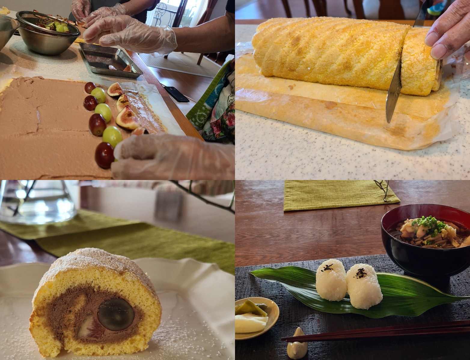 ロールケーキ作り作業風景とお料理