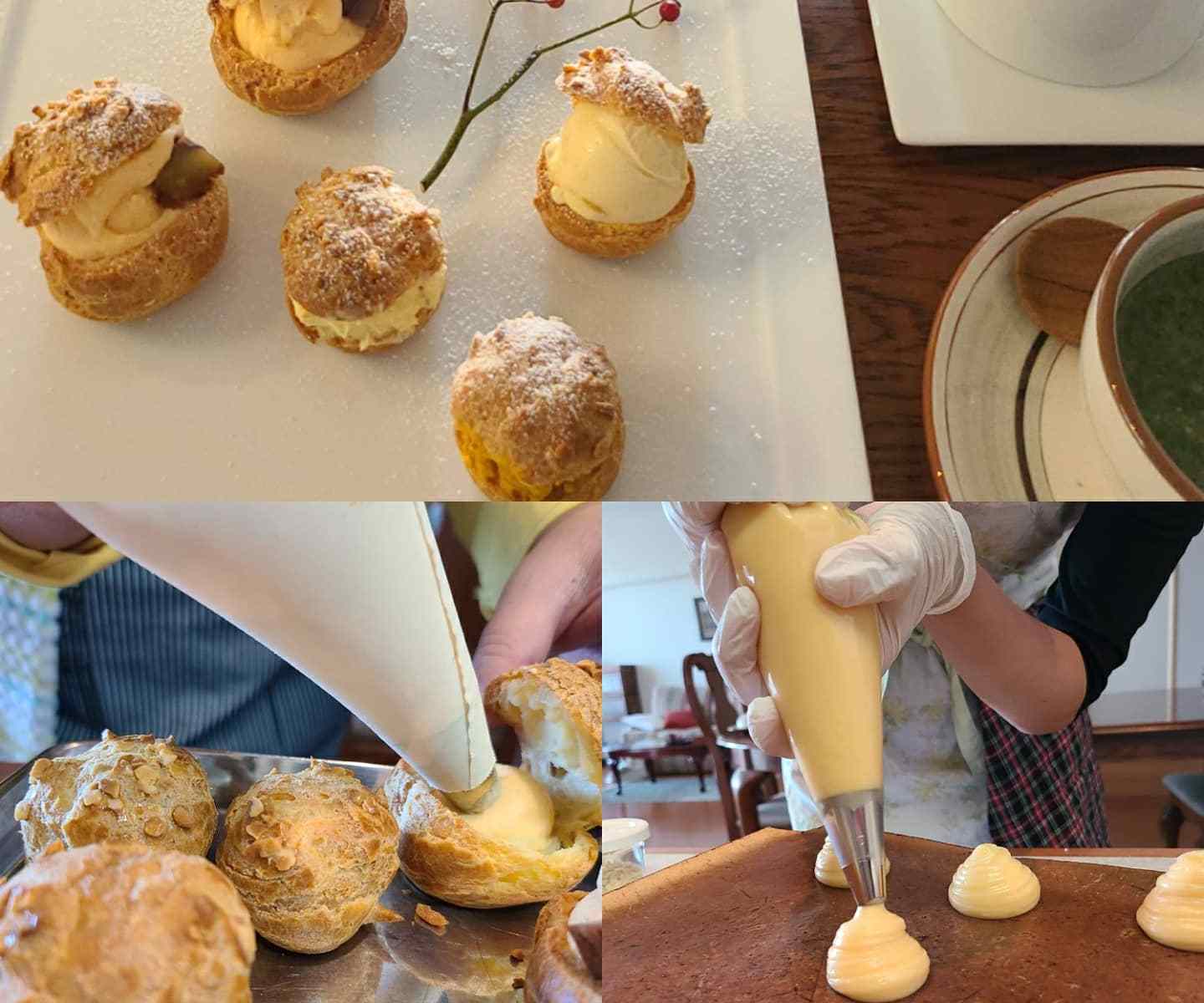 シュー生地とクリームの絞り作業と完成菓子