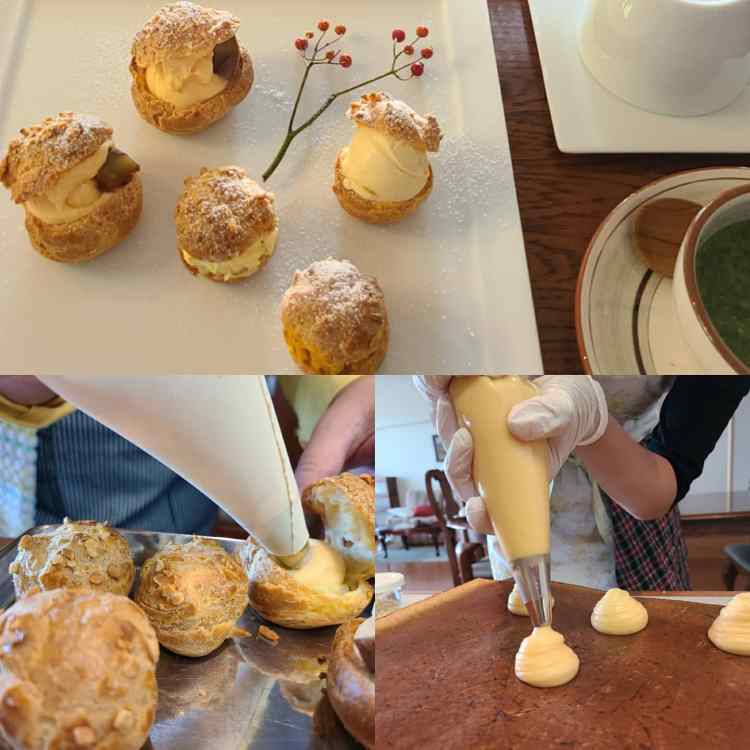シュー生地とクリームの絞り作業と完成菓子