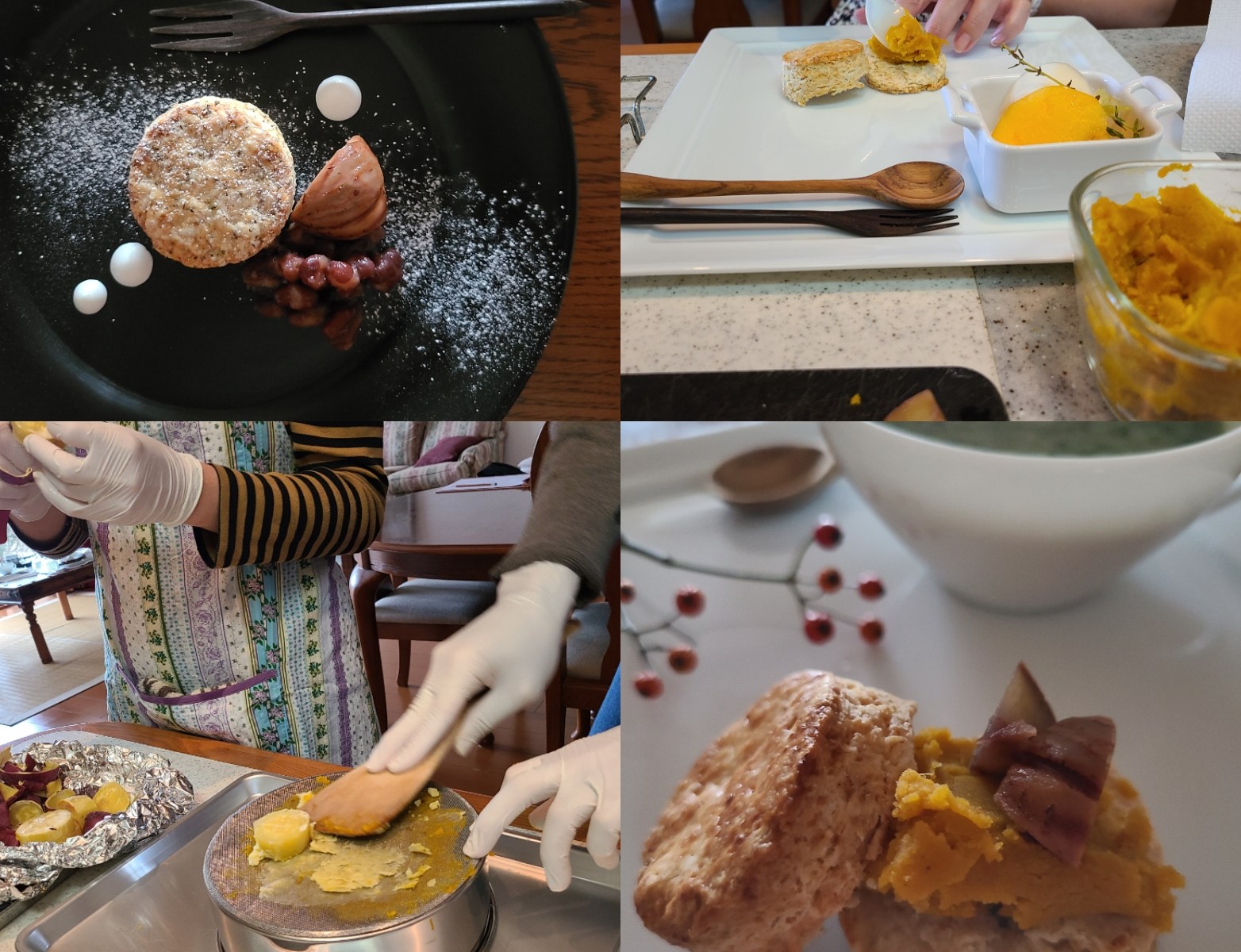 餡作り、お皿にスコーンの盛り付けなどの風景