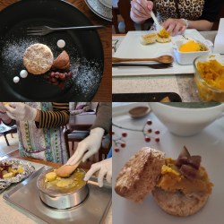 餡作り、お皿にスコーンの盛り付けなどの風景