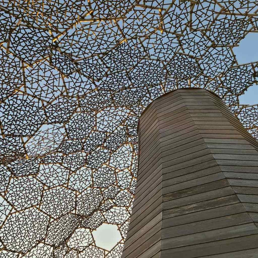 六甲枝垂れを中から見上げ空の青とのコントラスト