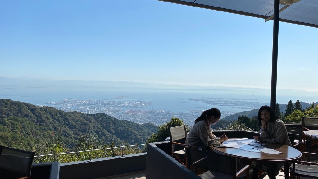 テラスから見下ろす海と山の景色。