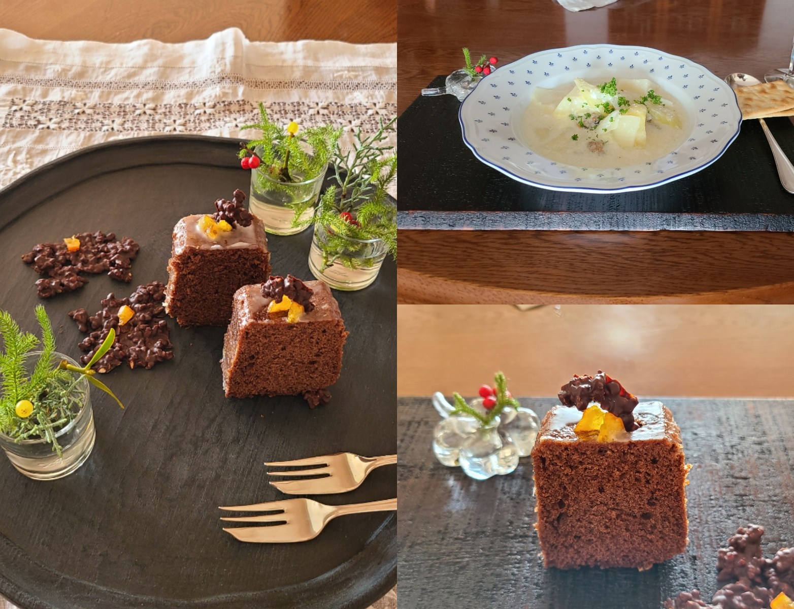 カット・ウィークエンドショコラとアーモンドショコラが盛り付けられた漆器とスープ