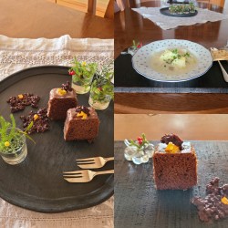 カット・ウィークエンドショコラとアーモンドショコラが盛り付けられた漆器とスープ