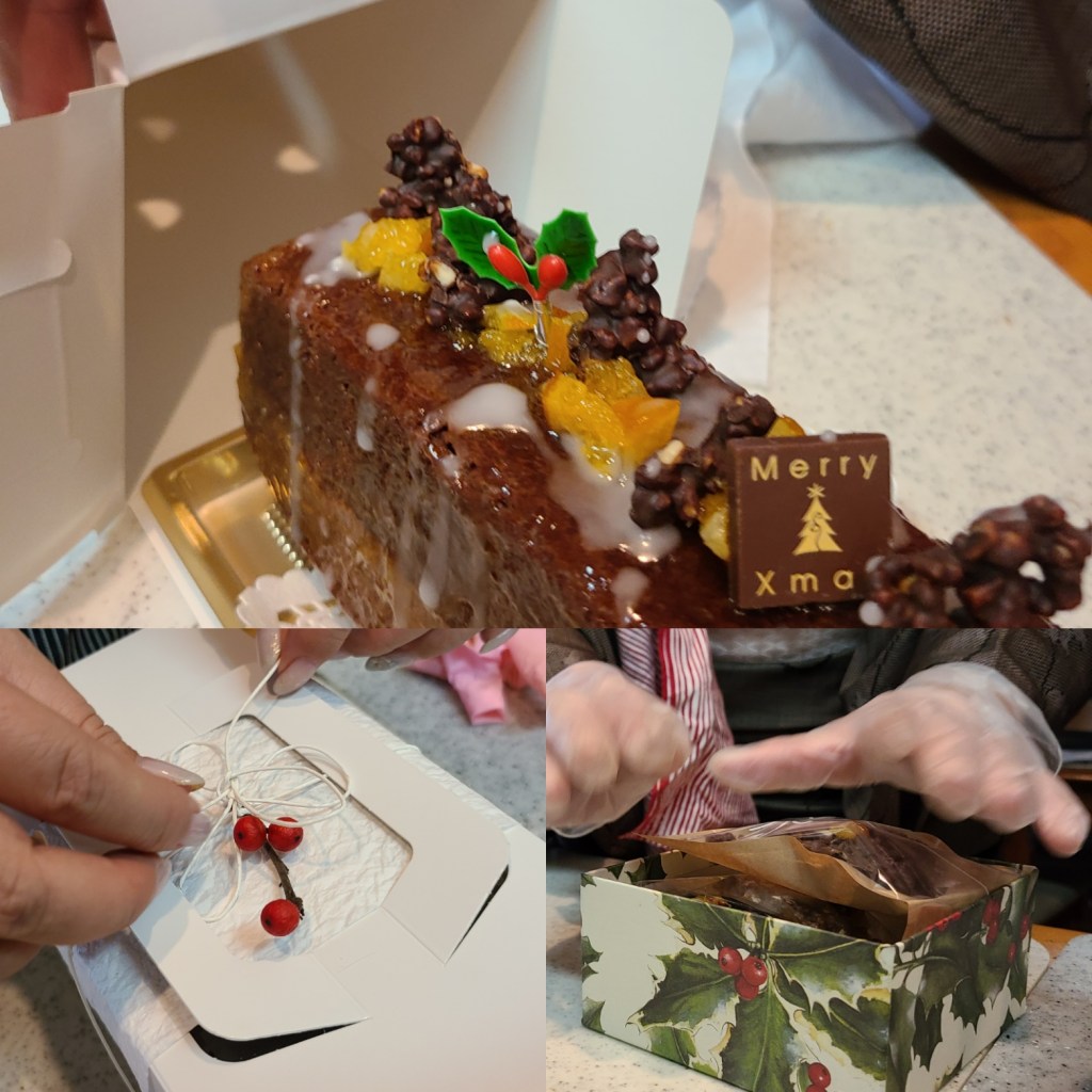 ケーキとアーモンドショコラの箱詰め風景