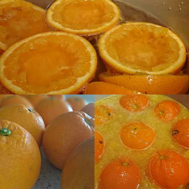 オレンジが鍋で湯がかれている