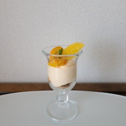 グラスに入ったオレンジのムースの上にオレンジピューレや生の果肉がデコレート