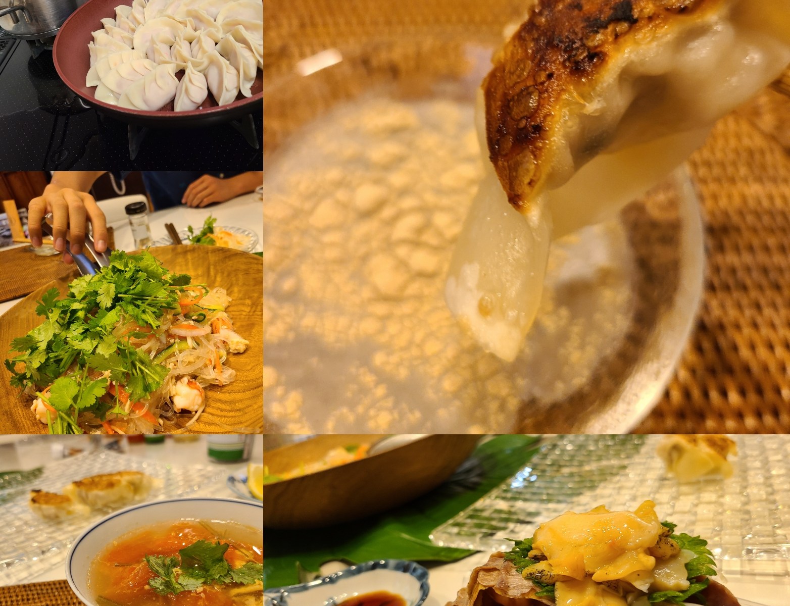 手作り餃子やスープ、サラダなどテーブルに並んでいます。