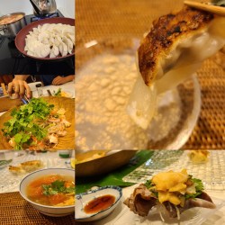 手作り餃子やスープ、サラダなどテーブルに並んでいます。