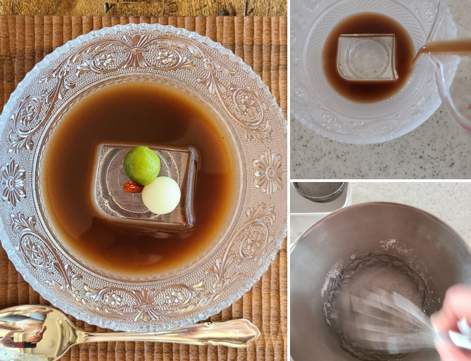 ガラスの器に入った小豆しるこ仕立てと作業風景
