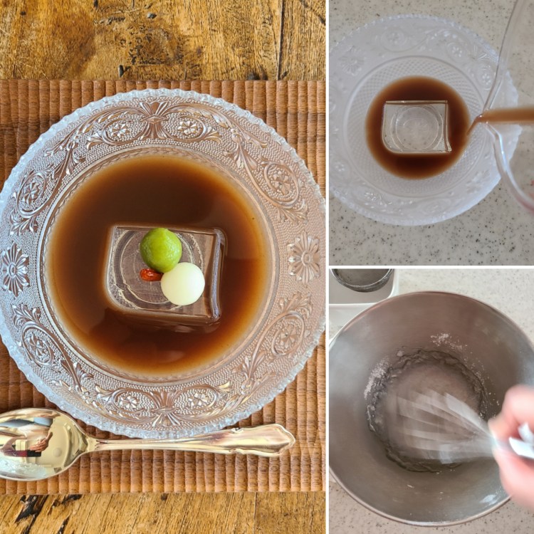 ガラスの器に入った小豆しるこ仕立てと作業風景