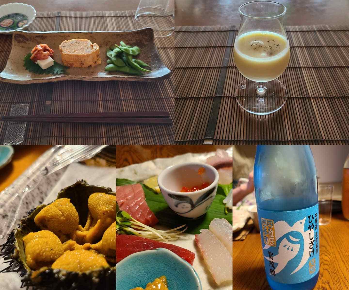 皿盛りの寿司ネタや日本酒、スープなど