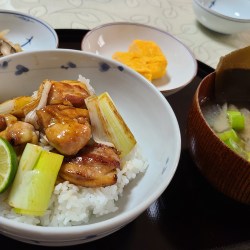 焼鳥丼・切り干し大根煮・だし巻き玉子・野菜味噌汁