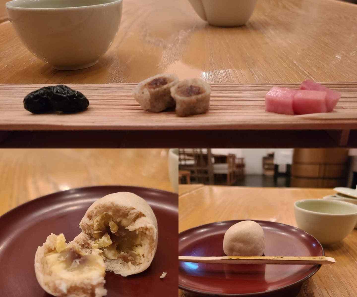 栗の上用饅頭と茶、茶菓子三品が並んでいる