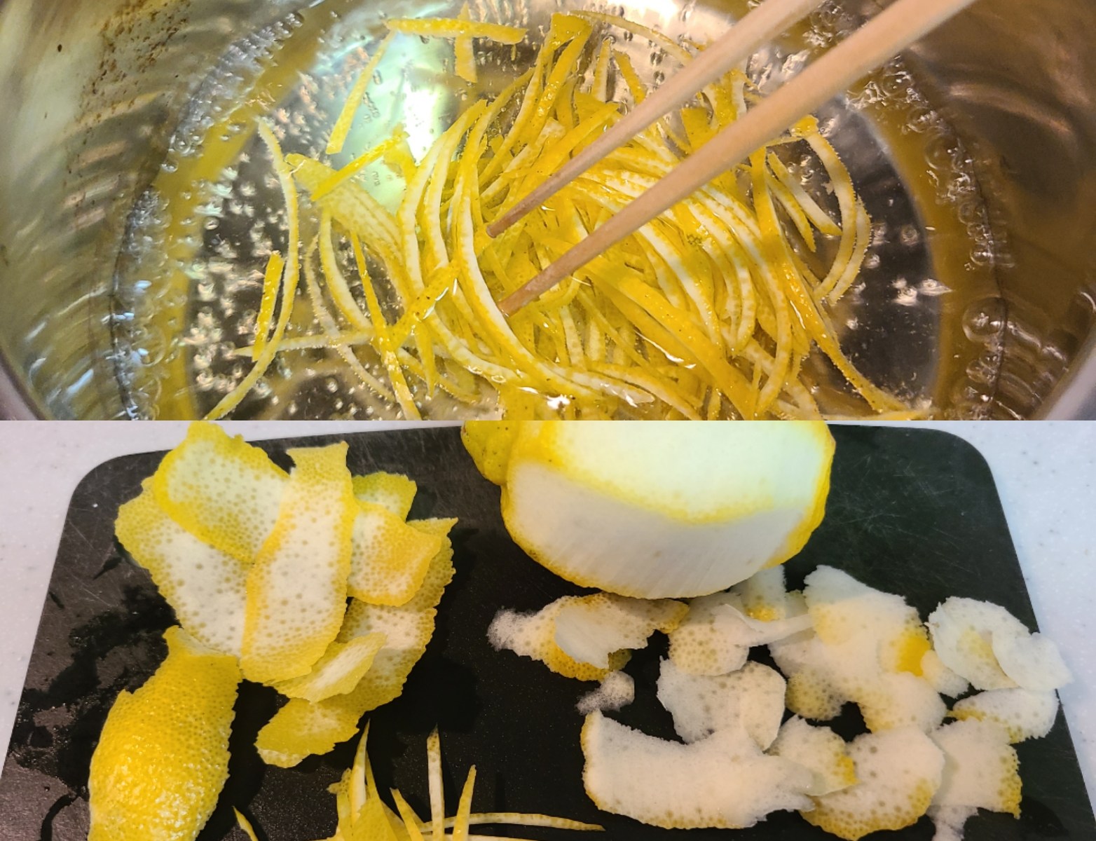 檸檬の皮をむきお鍋で煮ている