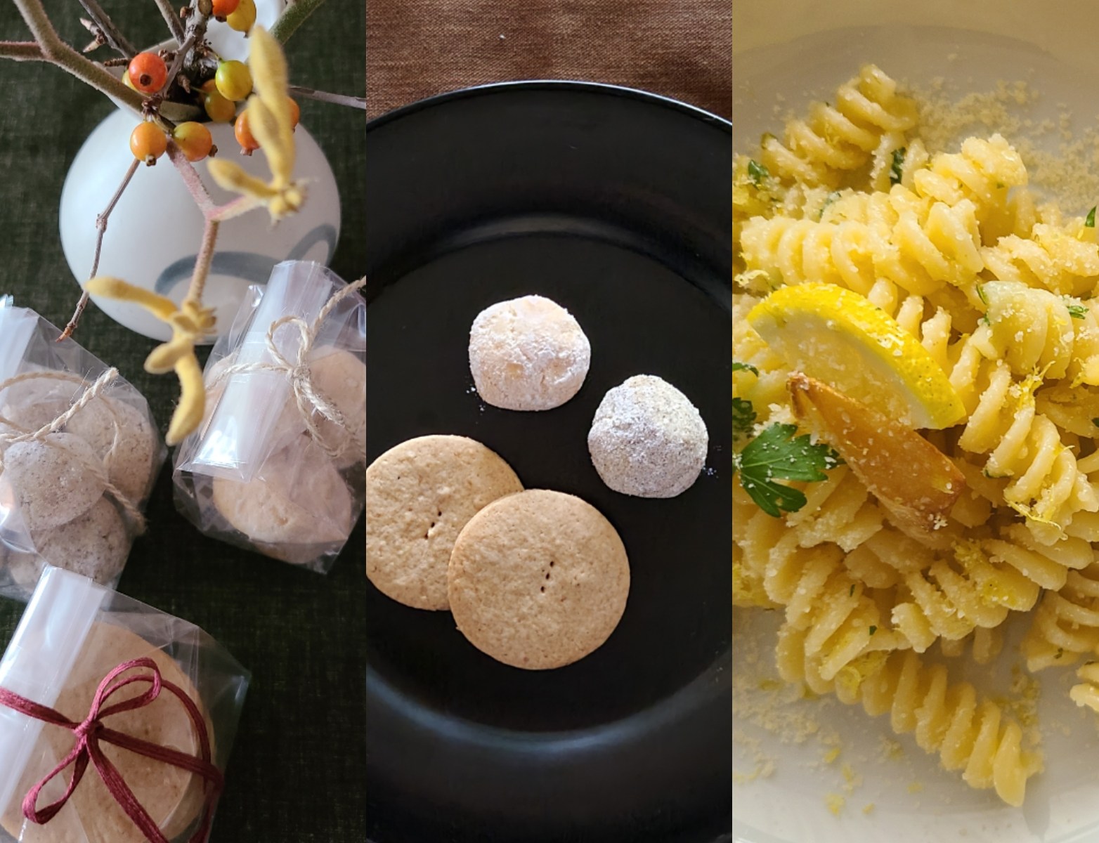 漆器に３種のクッキー、ラッピング、パスタ