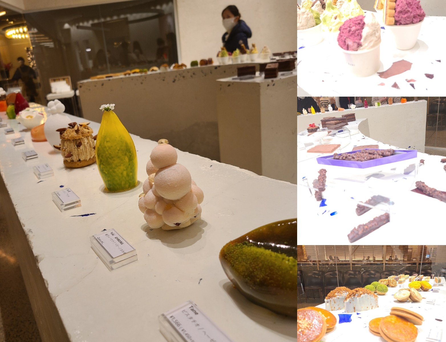 カウンターに並んだオブジェの様なケーキ