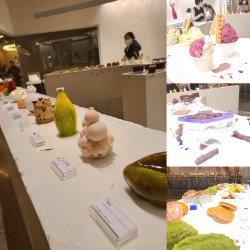 カウンターに並んだオブジェの様なケーキ