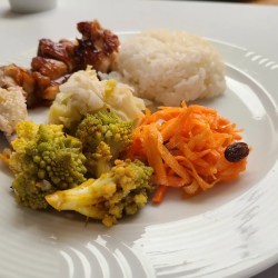 お皿に人参プロっコリー鶏肉料理の盛り付け