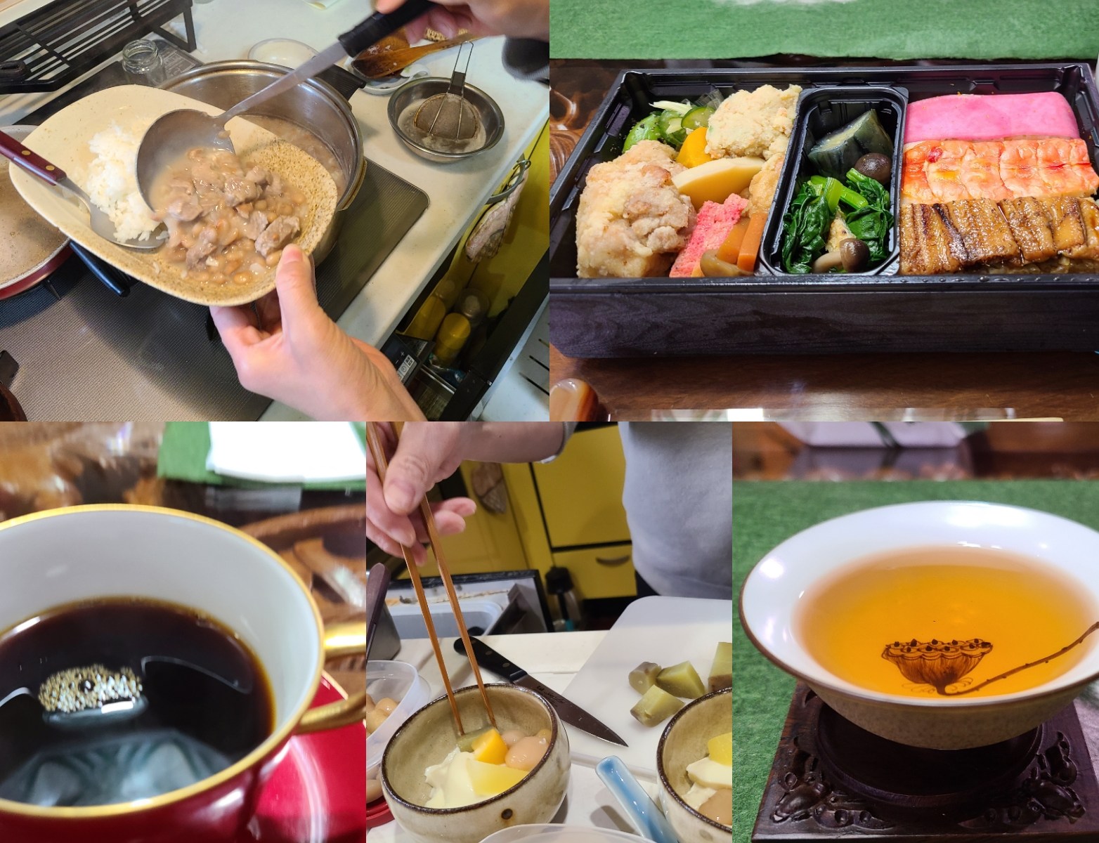 お弁当、盛り付け風景、お茶など
