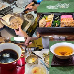 お弁当、盛り付け風景、お茶など