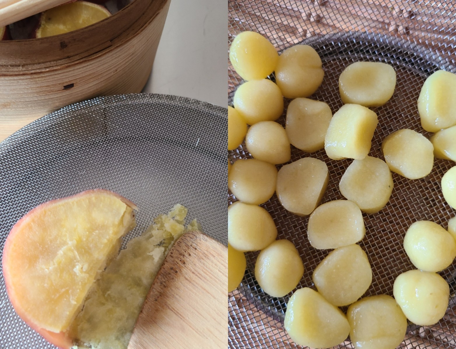 蒸し上がった芋を裏ごし&出来立て団子