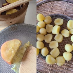 蒸し上がった芋を裏ごし&出来立て団子