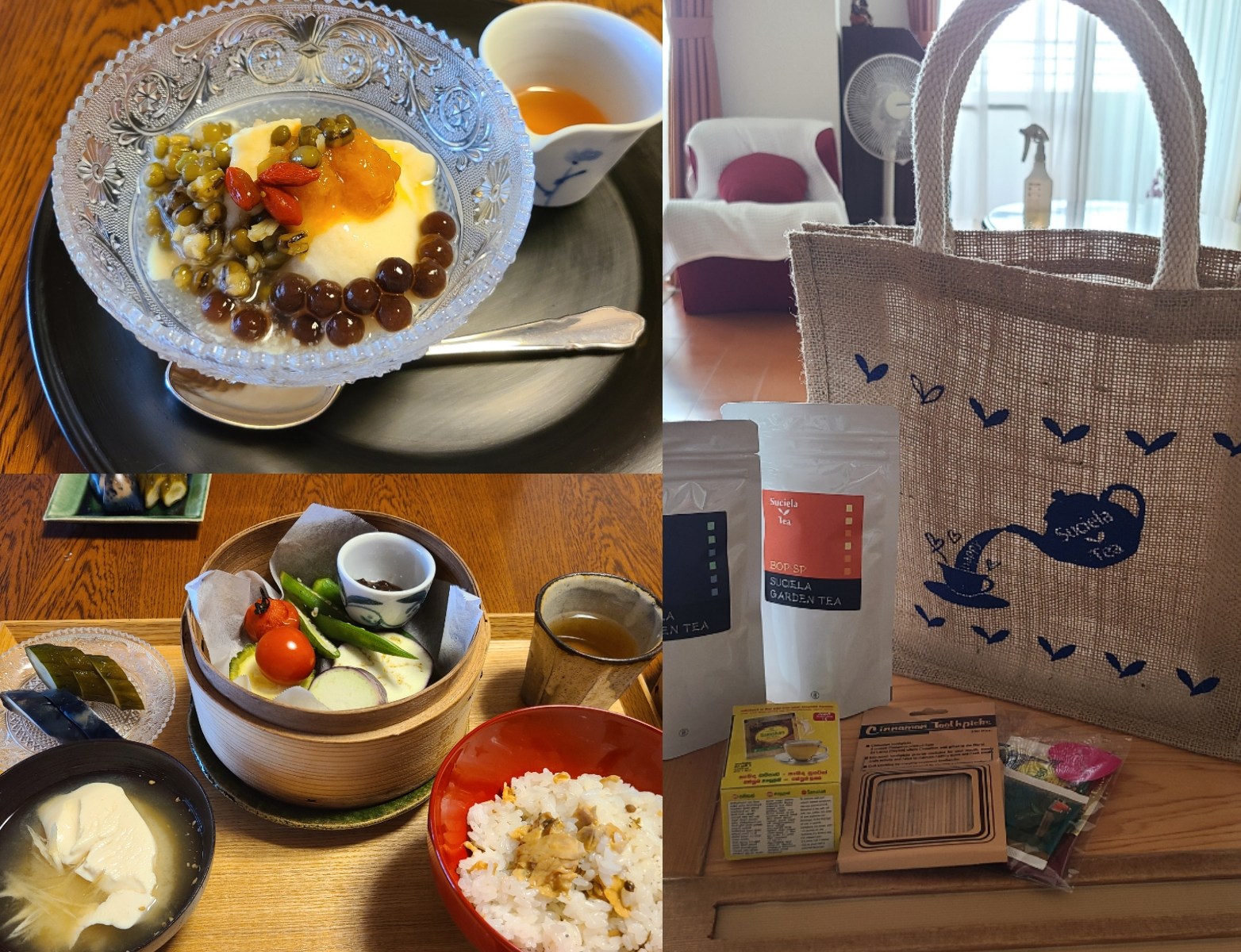 トレイに並ぶ蒸し料理やご飯味噌汁や豆花