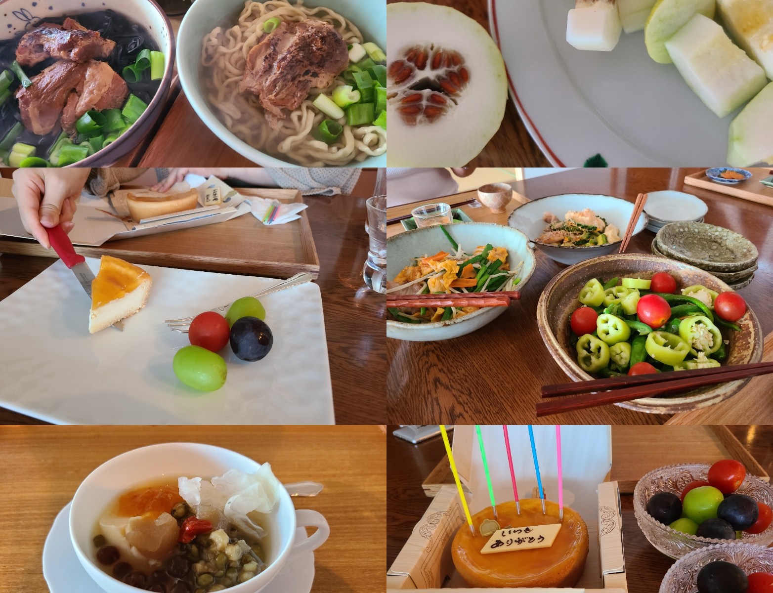 ソーキそばやチャンプル、ケーキなどが並んでいる