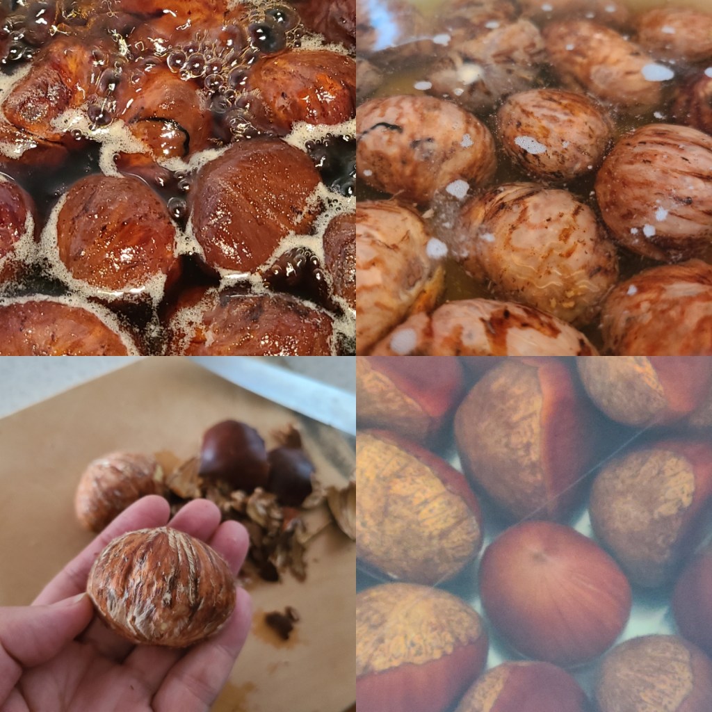 栗の皮むき、あく抜き、渋皮煮工程