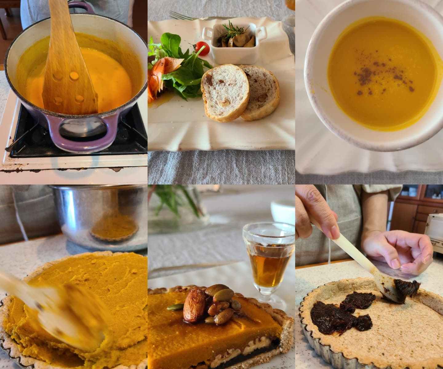 作業風景と盛り付けられた菓子と料理