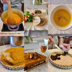 作業風景と盛り付けられた菓子と料理